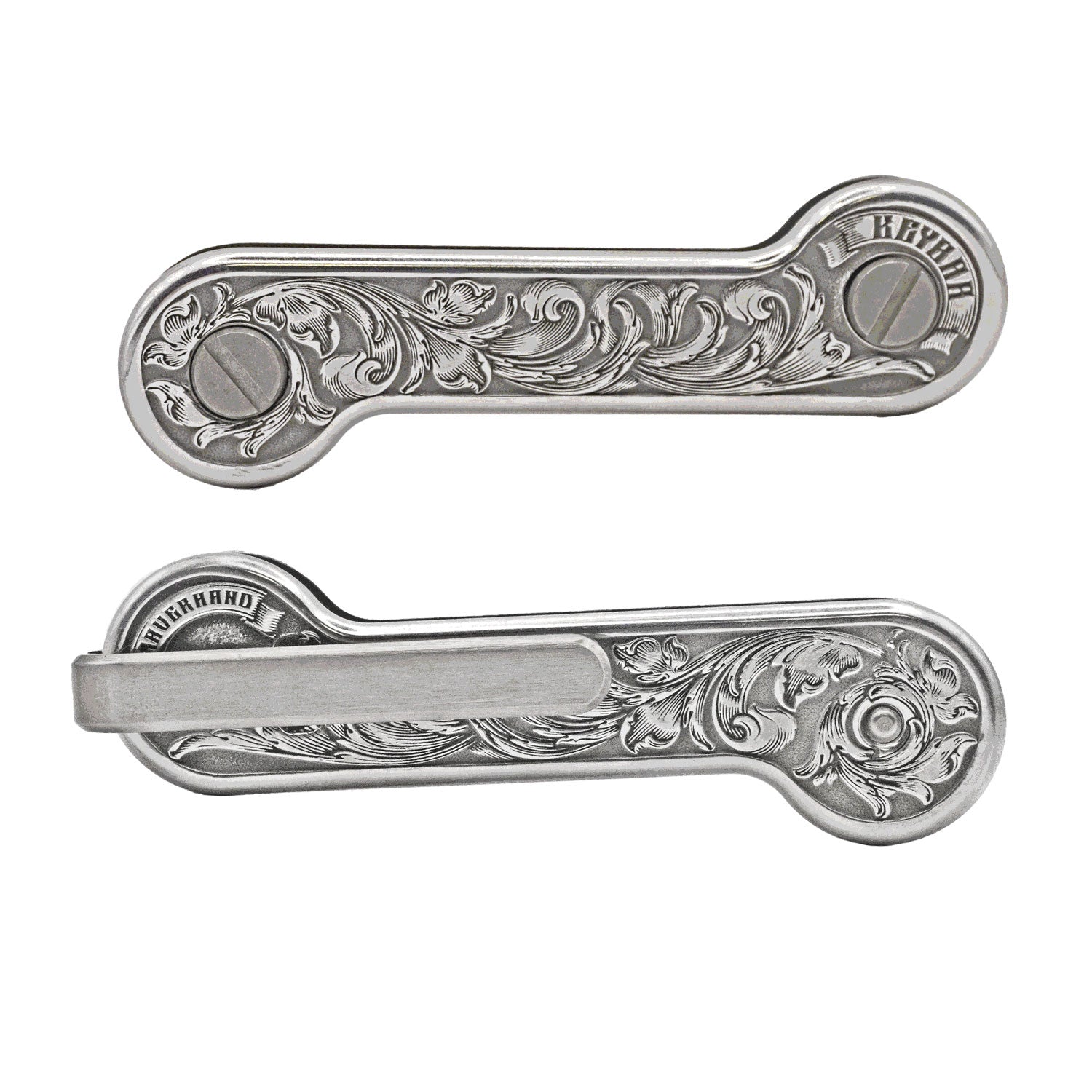 Aluminum Engraverhand KeyBar Key and Tool Holder on white background.