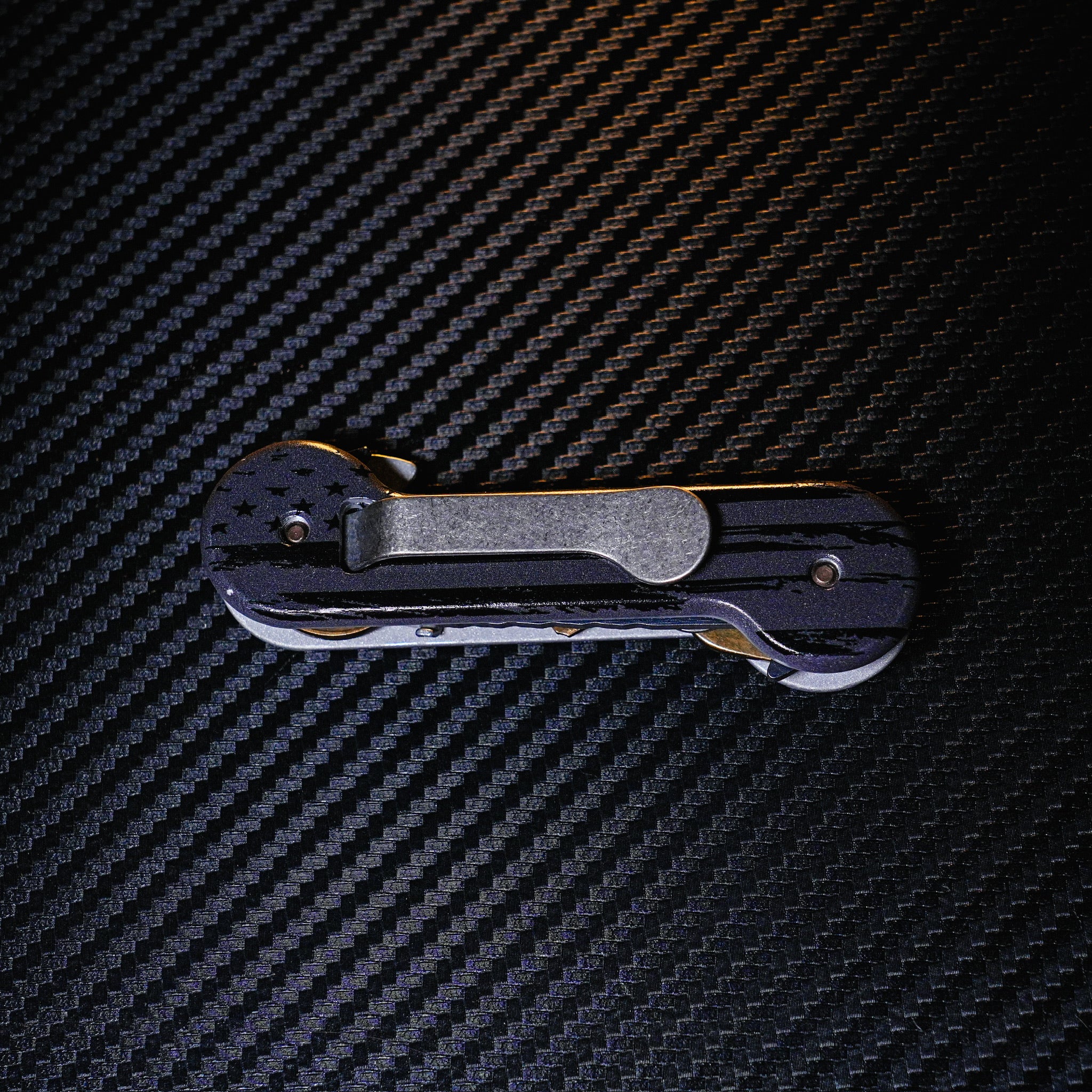 Black and Gray UV Printed Aluminum KeyBar Key and Tool Holder closed back with standard titanium pocket clip.