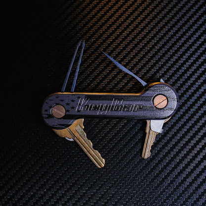 Black and Gray UV Printed Aluminum KeyBar Key and Tool Holder open front with titanium pick and tweezers, and aluminu quick key tab.