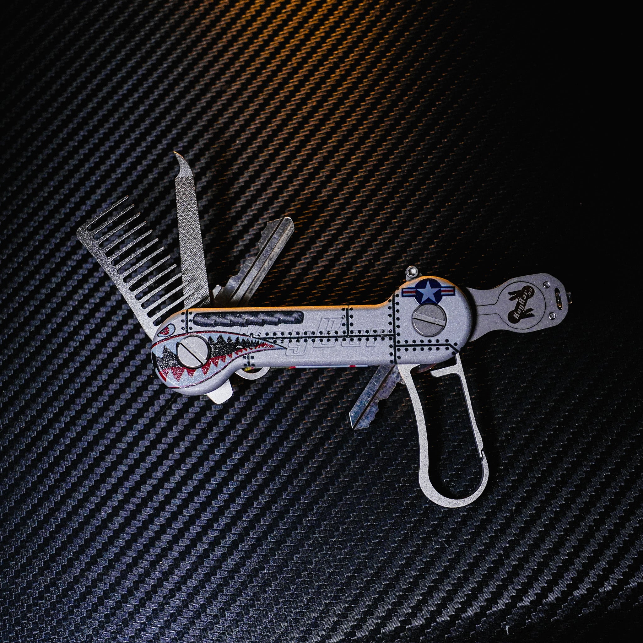 Bomber Aluminum UV Print KeyBar Key and Tool Holder with a titanium comb, nail file, and keyrabiner 5.0, and flashlight