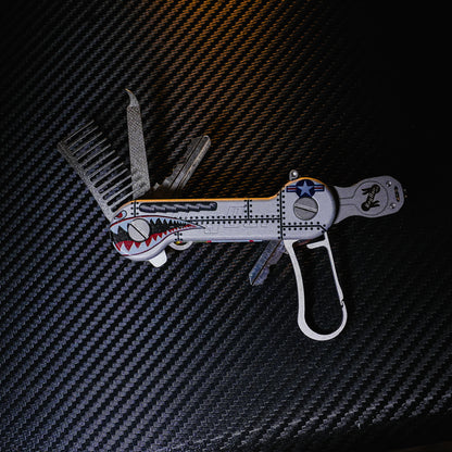 Bomber Aluminum UV Printed KeyBar Key and Tool Holder open front with titanium, Keyrabiner 5.0, beard comb, and nail file, and flashlight.