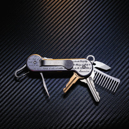 Freedom Aluminum Laser-Engraved KeyBar Key and Tool Organizer open back with titanium bottle bomber, mini uility tool, comb, and pick.